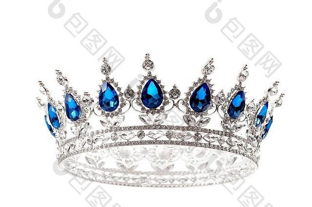 美选美比赛赢家新娘附件婚礼皇家皇冠女王概念银头饰覆盖钻石蓝色的蓝宝石石头