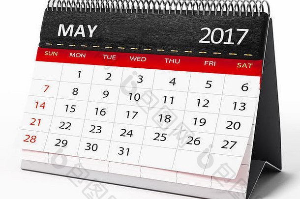 2017年5月桌面日历隔离在白色背景上。三维插图。