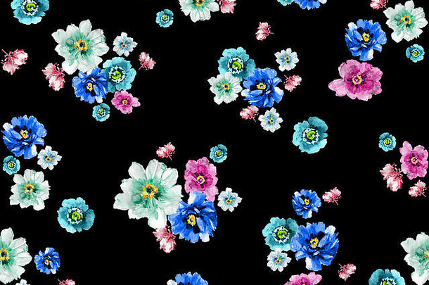 黑色背景上的无缝花朵设计图案可用于纺织品印花。