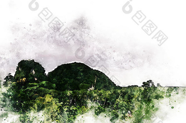 抽象绿色彩色山脉水彩插画为背景。