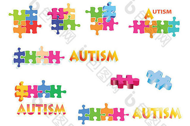 全页明亮的拼图和标题，以说明有关自闭症谱系障碍的文章。