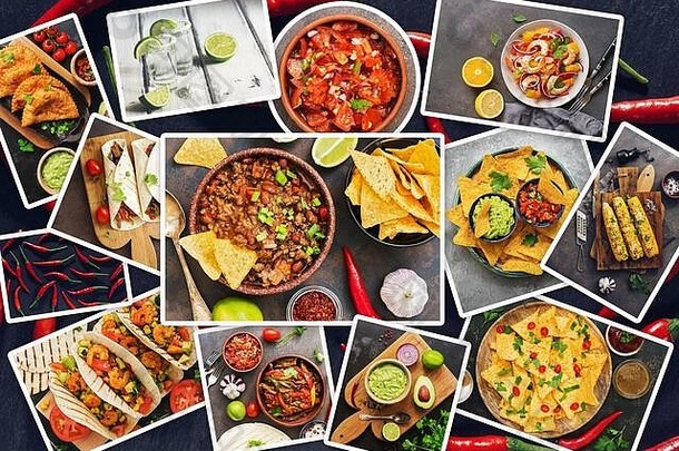 集合墨西哥食物照片拼贴画集传统的墨西哥菜前视图平躺