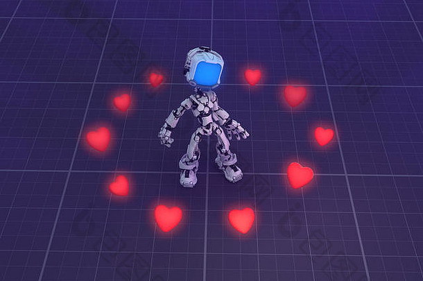 屏幕机器人人物角色姿势由情人节心形虚拟环绕，3d插图，水平