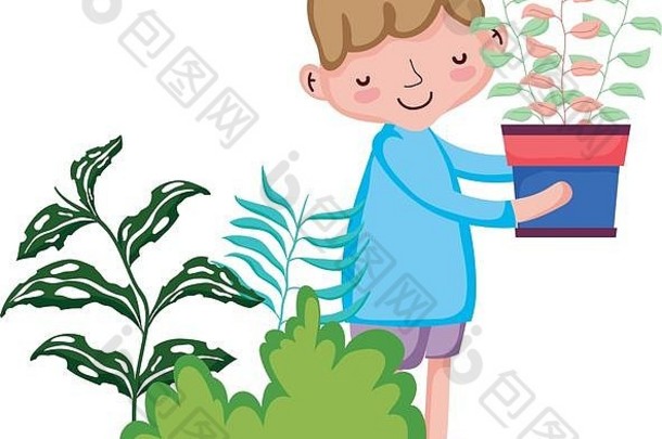小男孩在花园里举起室内植物