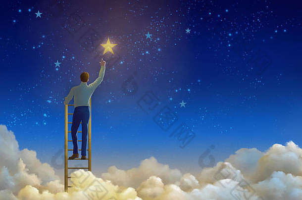 人类爬上云层上的梯子，伸手去抓星星。数字插图。