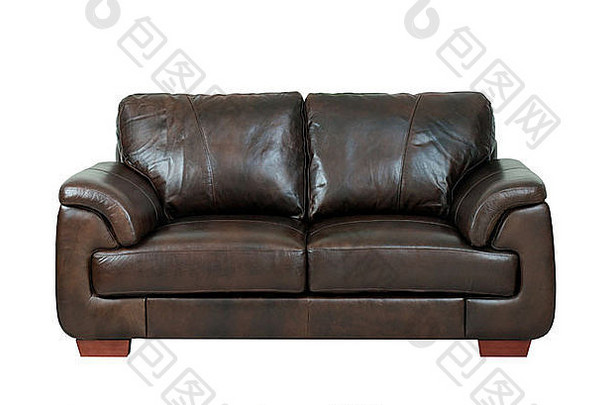 豪华的黑暗棕色（的）皮革沙发板凳上孤立的白色