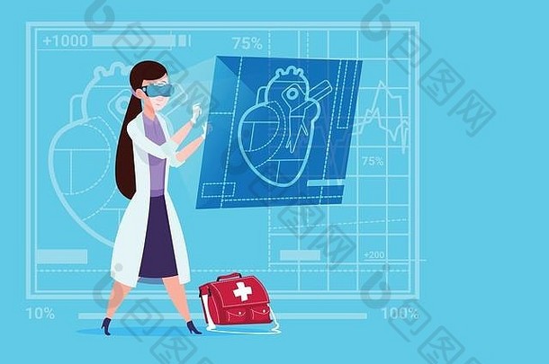 女医生心脏病专家检查数字心脏戴虚拟现实眼镜医务室工作人员医院