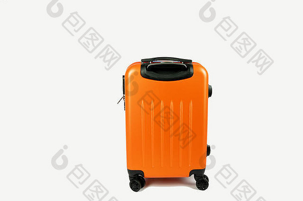 现代橙色手提箱。准备好去度假或出差了。手提箱在白色背景上，旁边留有空白，供您阅读。