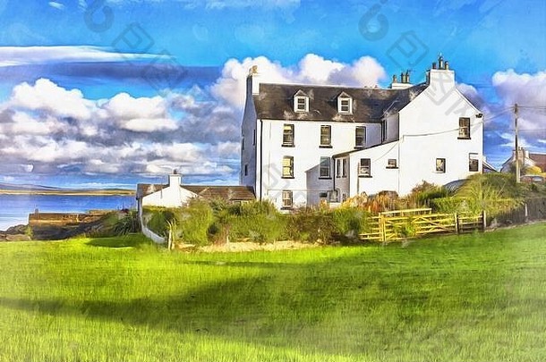 美丽的农舍五颜六色的画看起来像一幅画，苏格兰，英国