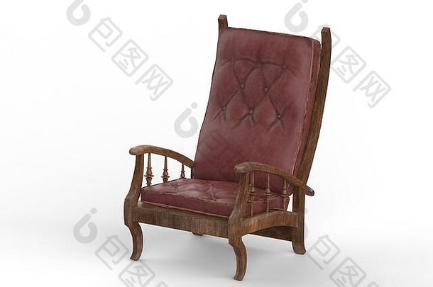 独立舒适的皮革<strong>木沙发</strong>椅设计立体背景装饰古董舒适家具3D插图