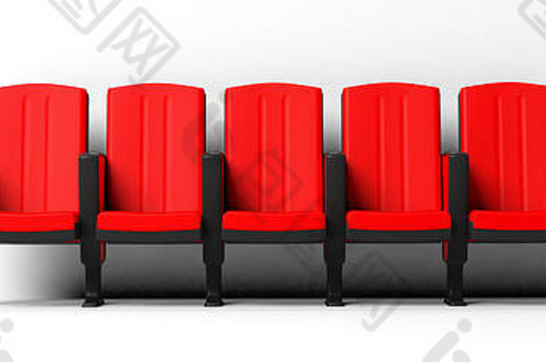 白色背景上隔离的<strong>红</strong>色剧场座椅，正面视图。三维插图
