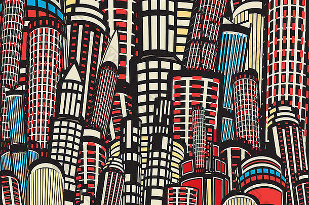 城市高层建筑的彩色插图