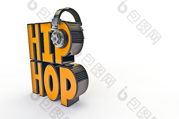 带耳机的嘻哈标题/带耳机的文本3D渲染