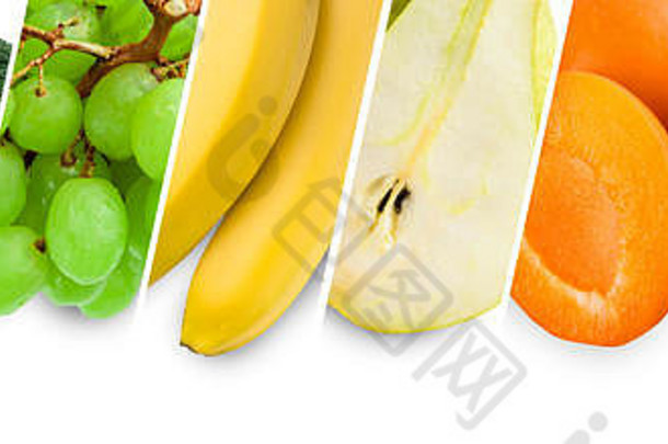 明亮的夏季食物拼贴，新鲜的绿色、黄色和橙色水果