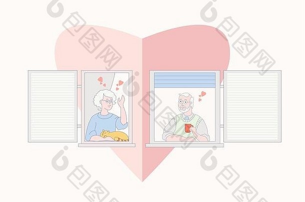 一对老夫妇正在找一个家。房子的正面有敞开的窗户。被邻居隔离的爱情和浪漫。拿着杯子的老人
