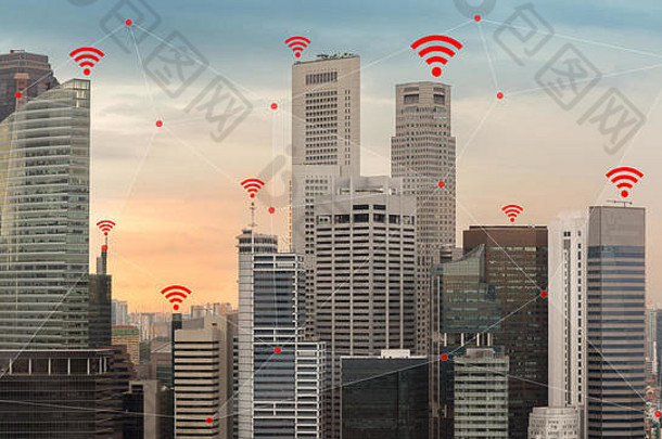 通过无线网络和Wifi图标说明物联网和智能城市的概念。
