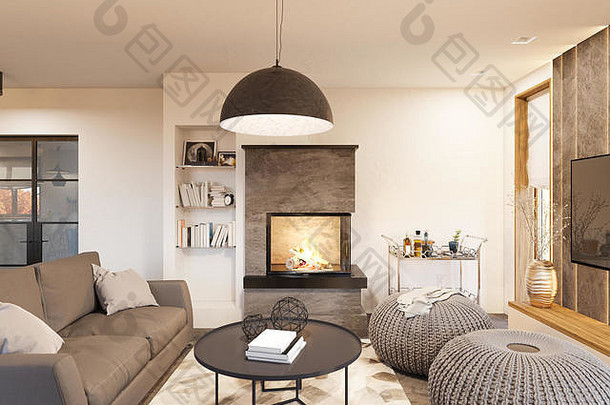 渲染生活房间室内设计斯堪的那维亚极简主义风格
