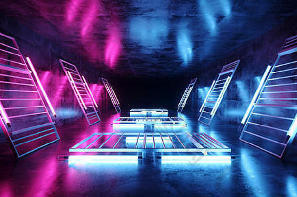 阶段跳舞霓虹灯激光紫外线紫色的粉红色的蓝色的荧光sci未来主义的复古的光管场景难看的东西混凝土反光讲台上走廊