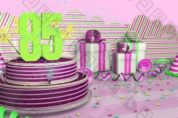 紫色圆形85岁生日蛋糕，在明亮的桌子上装饰着五颜六色的火花和粉色线条，上面有绿色的彩带、派对帽和带别针的礼盒