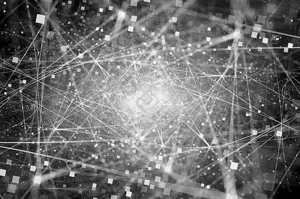 空间中的发光连接与粒子、大数据、计算机生成的抽象背景、黑白、3D渲染