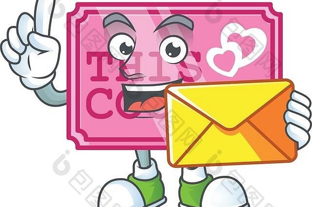 高高兴兴地粉红色的爱优惠券吉祥物设计信封