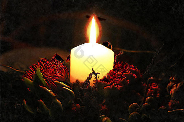 HD浪漫的超现实主义图片，在花丛中燃烧蜡烛