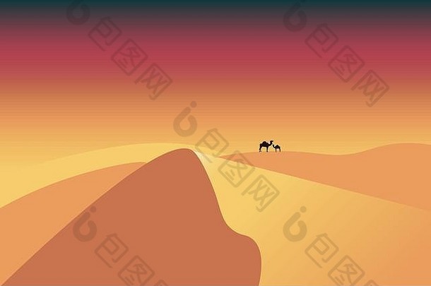 沙漠概念骆驼沙漠骆驼商队沙子沙丘沙漠景观全景视图野生自然
