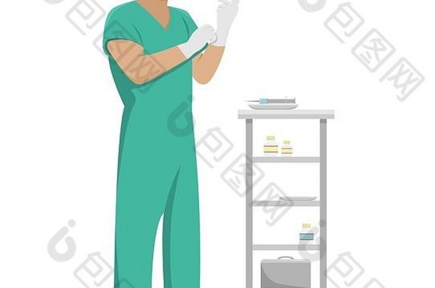 在治疗室工作的男医生戴着无菌手套和口罩。医学病媒插图。