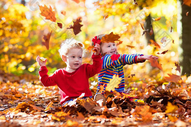 在温暖阳光明媚的秋天，快乐的孩子们在美丽的秋天公园里玩耍。孩子们玩金枫叶。关注女孩。