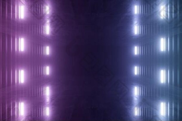 科幻霓虹灯激光线发光科幻未来主义网络紫蓝色充满活力的虚拟宇宙飞船隧道走廊黑夜展厅走廊车库下方