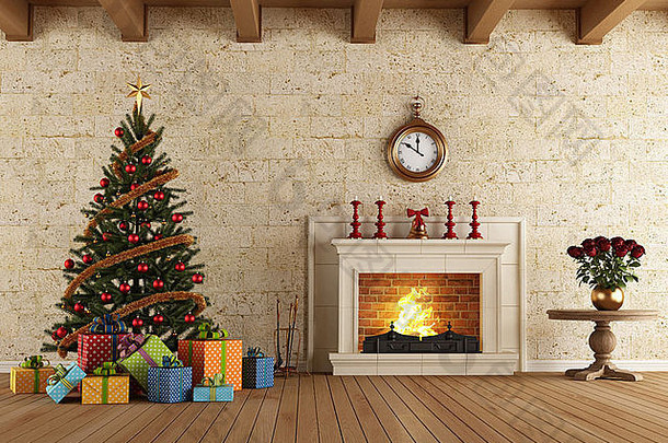 古董起居室圣诞节树礼物壁炉呈现
