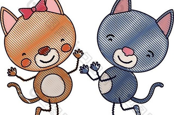 颜色蜡笔轮廓漫画夫妇小猫跳舞