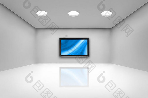 开放空间，墙上有等离子电视，反射在地板上