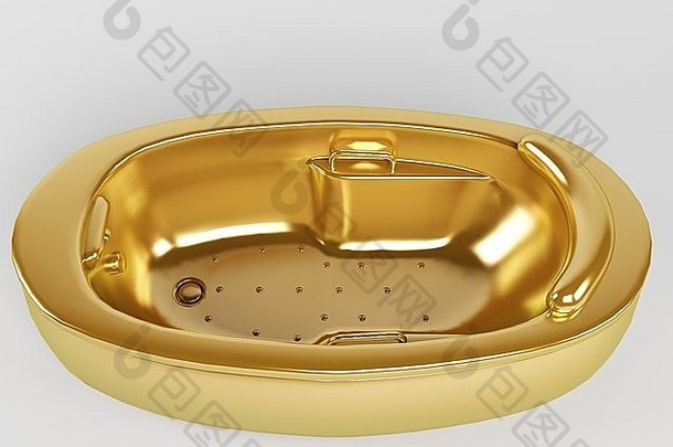 白色背景上的金色椭圆形浴缸3d渲染隔离