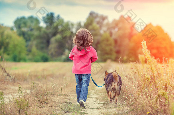 快乐的小女孩和狗在田里散步