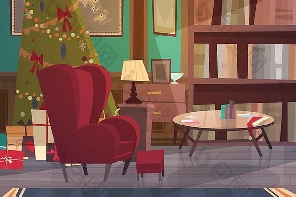 空扶手椅附近装饰有松树，家居内部装饰为圣诞节和新年假期的概念