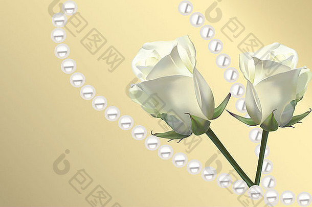 金色背景上镶有白玫瑰和珍珠的精美卡片，可容纳文字