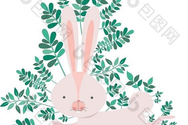 树枝和叶子孤立的兔子图标