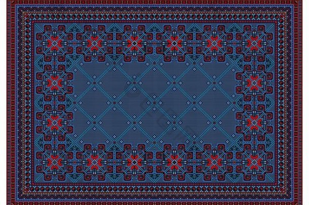 蓝色和红色的旧东方地毯图案，中间有交叉的蓝色条纹
