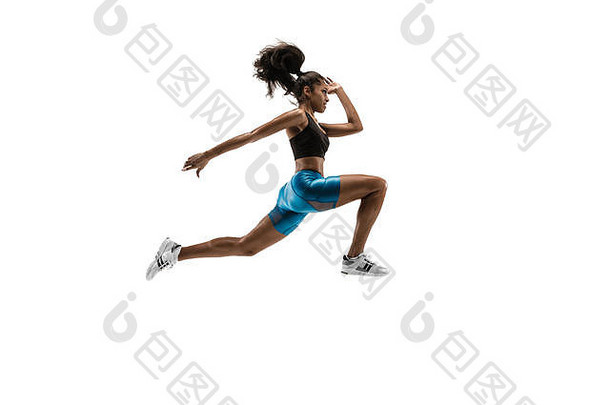 年轻的非洲女人运行孤立的白色工作室背景女跑步者慢跑者轮廓慢跑运动员