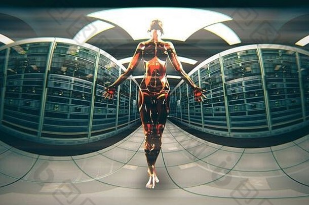 服务器机房中一个通常被称为Android人工智能的仿人机器人的3D插图