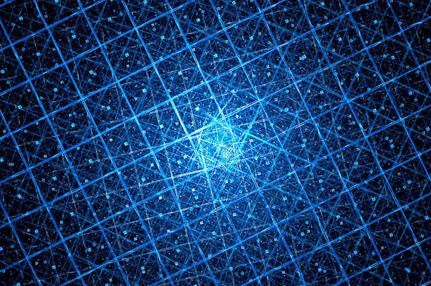 蓝色发光量子计算机与网格，计算机生成的抽象背景，三维渲染
