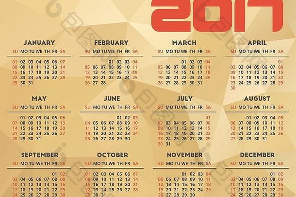 2017年日历设计，抽象金色多边形背景。本周从星期天开始