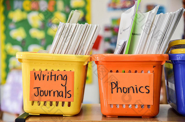 明亮的色彩斑斓的篮子内部孩子的早期教育教室写作期刊看字读音