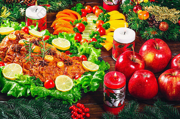 圣诞节表格晚餐时间烤肉装饰圣诞节风格背景感恩节概念家庭假期美丽的delic