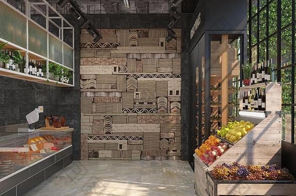 室内设计熟食店杂货店商店阁楼风格交易设备奶酪酒水果可视化