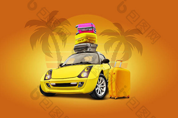 黄色的车，车顶上有五颜六色的手提箱，旁边站着一个，棕榈树和阳光以橙色为背景。拼贴画空间，特写。