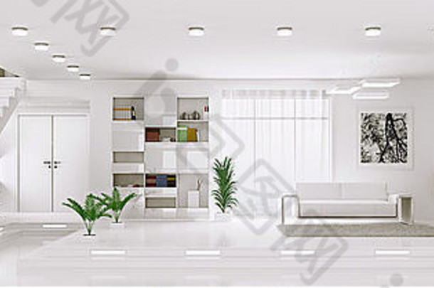 室内白色公寓生活房间大厅全景渲染