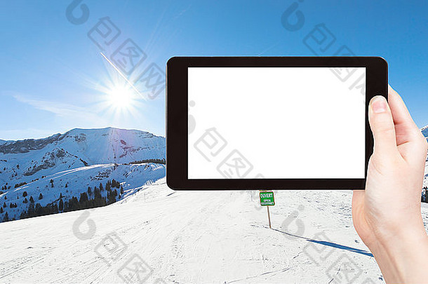 旅行概念<strong>旅游照片</strong>滑雪跟踪阿尔卑斯山脉山门太阳地区morzine阿沃里亚兹法国选项卡
