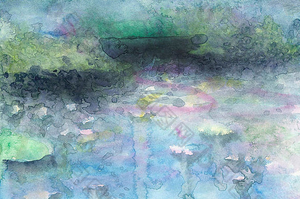 睡莲池。水彩风景池塘与睡莲。